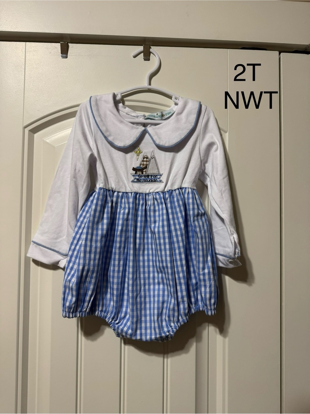 White & Blue Gingham Nativity Holiday Long Sleeve Romper